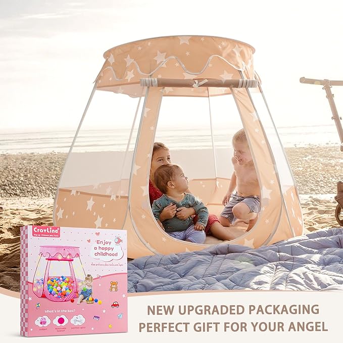 Pop Up Princess Tent with Star Light, Toys for Year Old Girl Birthday Gift, Ball Pit for Toddler Girl Toys, Easy to Pop Up and Assemble(Brown)