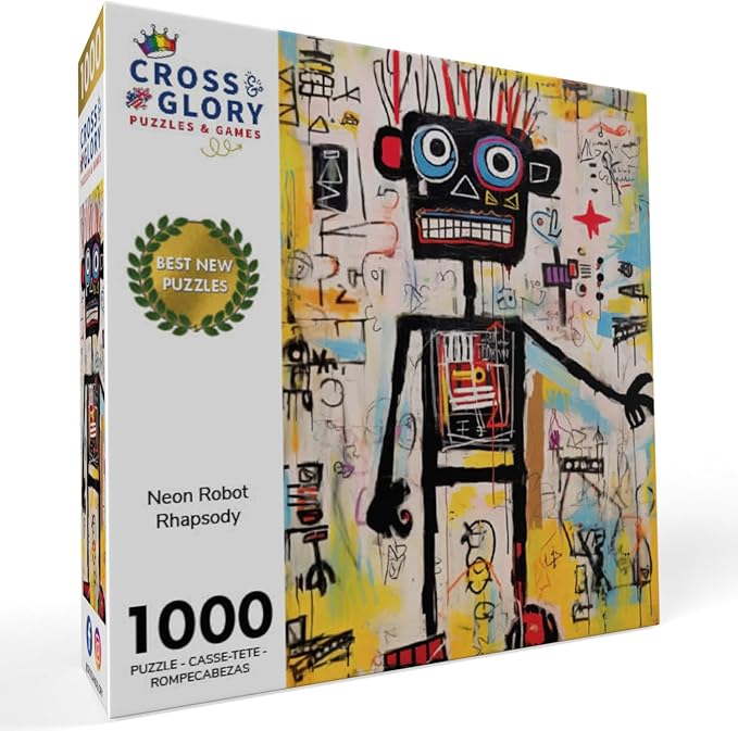 Cross & Glory - Neon Robot Rhapsody - 1000 Piece Jigsaw Puzzle for Adults | Abstract Neo-Expressionism Art | Luminous Yellow Highlights | Premium Quality | Vibrant Colors