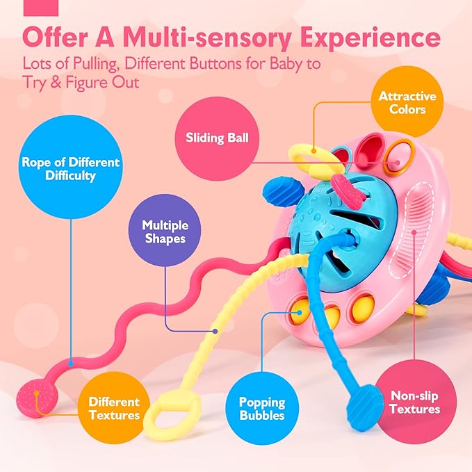 hahaland Pull String Toy - Montessori Toys for 1 Year Old Girl Gifts, Silicone Sensory for Toddlers 1-3, Airplane Toddler Travel Ages 1-2 Stocking Stuffers One Year Old Girl Birthday Gifts