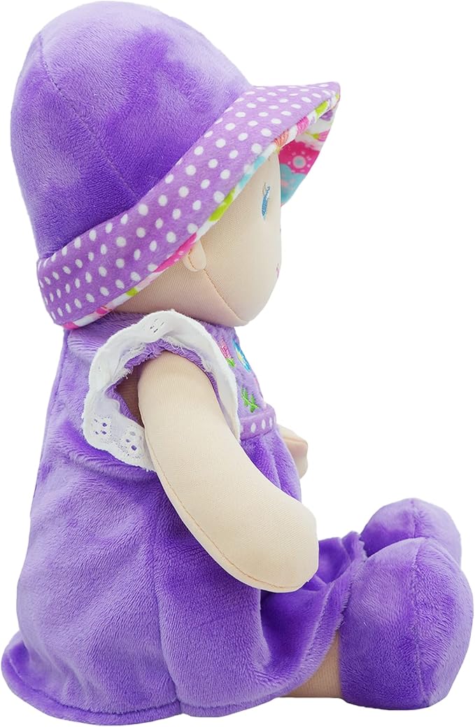 June Garden Personalized Soft Dolly Laura - Stuffed Soft Baby Doll for Birth and Up with Custom Name - Purple Dress - 13"