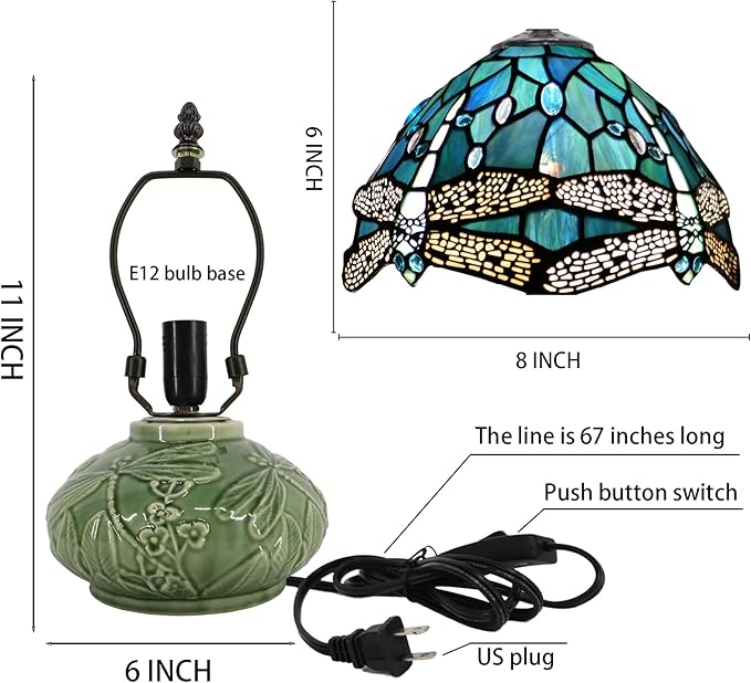 Small Tiffany Lamp Mushroom Table Lamp, Mini Stained Glass Desk Light Memory Sympathy Ceramic lamp 8X11 Inch (Sea Blue Dragonfly Style)