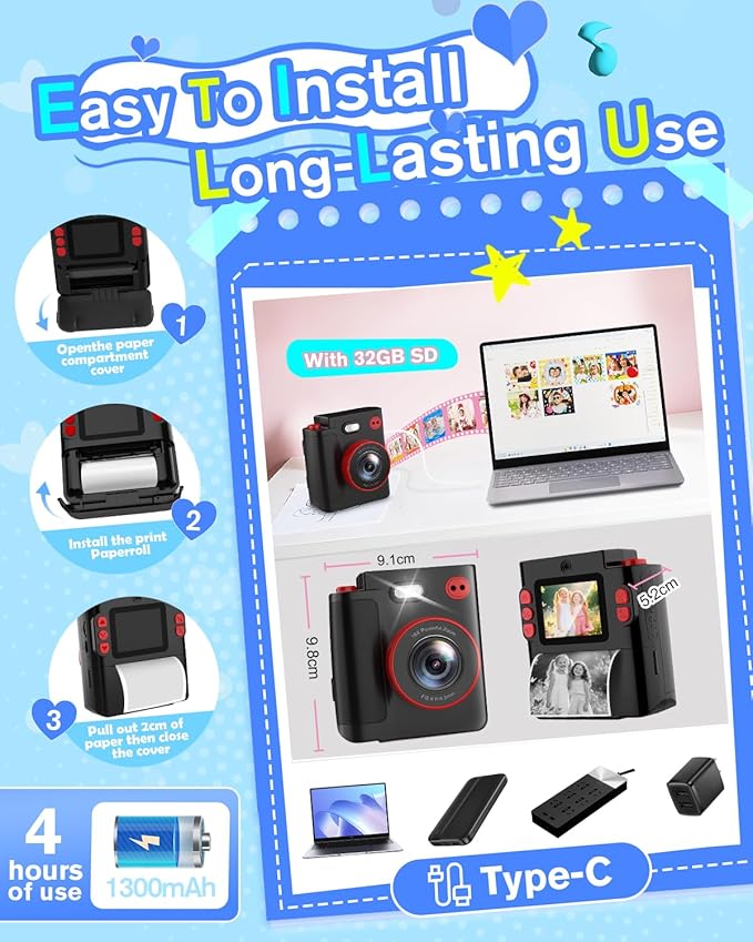 Instant Print Camera for Kids - Classic Black Digital Camera for 3-12 Year Olds, 1080P HD with 32GB SD Card, Selfie Mode & Durable Design, Ideal Christmas Birthday Gift, Portable Travel Toy
