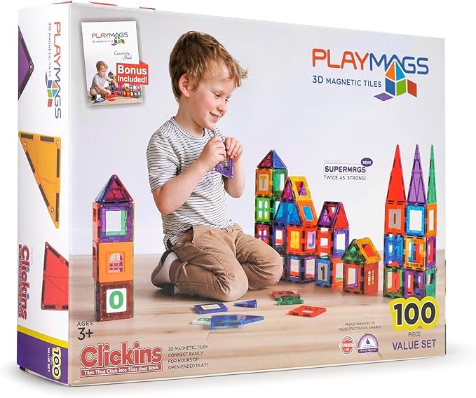 Playmags Magnetic Tiles for Kids – 100pcs Magnet Building Set for Toddlers Ages 1-5 | Stem Montessori Toy for 2 3 4 Year Old Boys & Girls | Toys for Toddlers, Preschool & Middle School Children