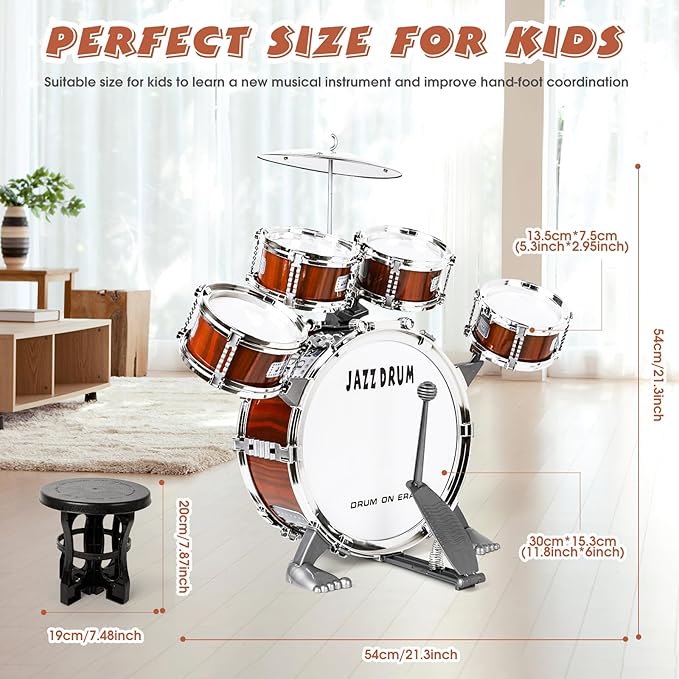 Toy Drum Set for Kids Toddler Jazz Drum Kit with 5 Drums Percussion Musical Instruments Toys for 3 4 5 Year Old Boys Girls Gifts Ages 3-5