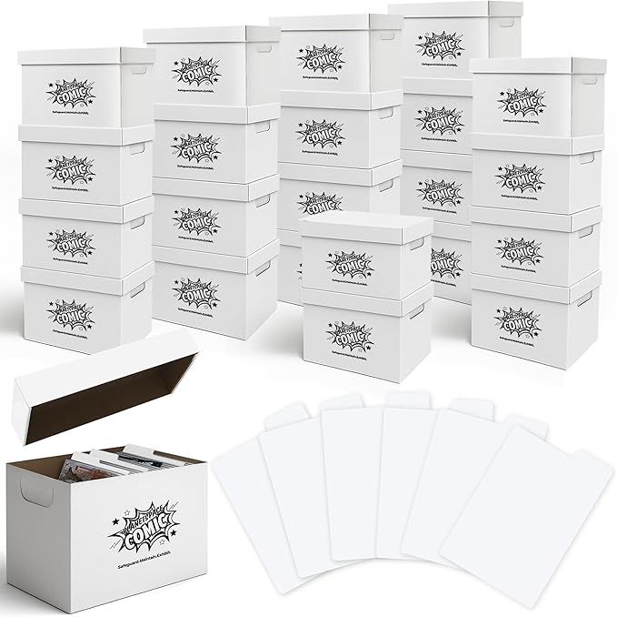 Premium Comic Book Storage Box | 22 Boxes with 6 Dividers (Each Box Stores Up to 175 Comics) - Short Stackable Design with Dust Protection Lid | Strong Structure & Acid Free Manufacturing