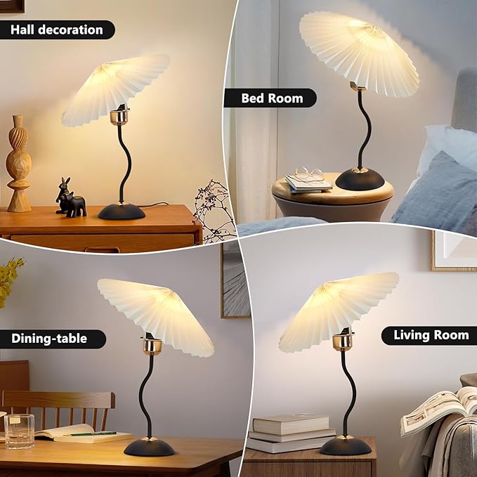 Arts Bedside Table Lamp for Bedroom, Cute Small Pleated Lamps for Nightstand, Vintage Lamp with Umbrella Shade, Decor Desk Reading Lamps for Living Room Kids Room Dorm Office with E26 LED Bulb