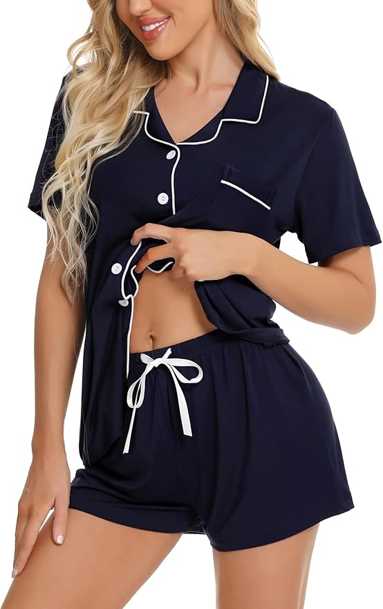 SWOMOG Womens Button Down Pajamas Set Short Sleeve Sleepwear Bride Soft Pj Lounge Sets XS-3XL