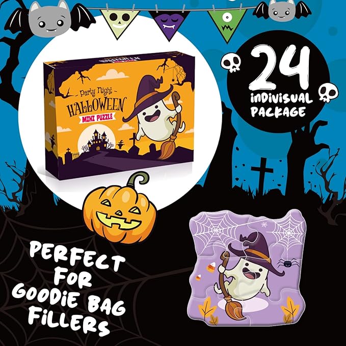 Halloween Party Favor for Kids - 24 Pack Jigsaw Puzzles in Theme Designs for Trick or Treating, Goodie Bag Filler, Miniatures Novelty Toy, School Classroom Rewards