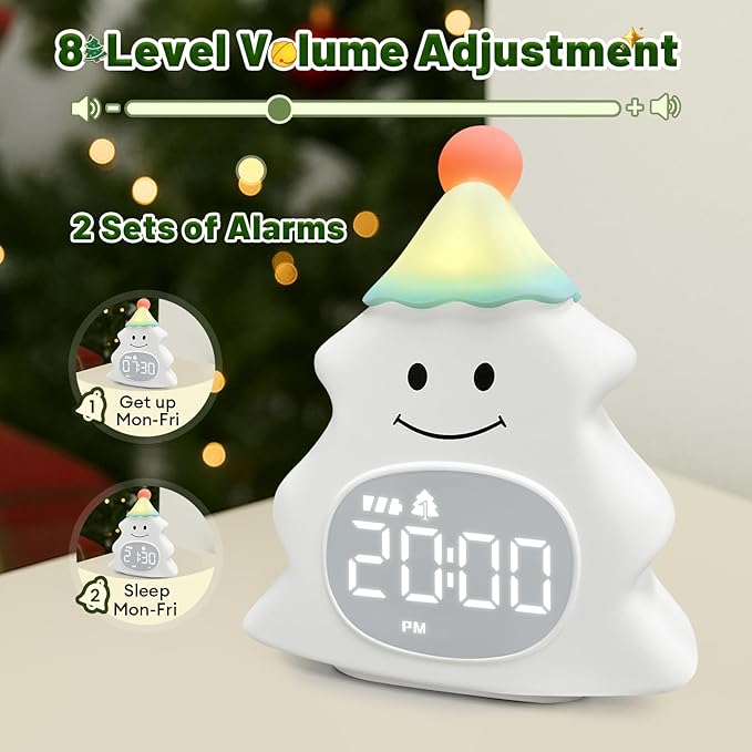 Christmas Tree Kids Alarm Clock, Digital Alarm Clock for Children with Snooze, 5 Ringtones, 8 Volume Levels, Gentle Night Light Timer, Easy-to-Read Display, Fun Holiday Wake Up Clock Gift