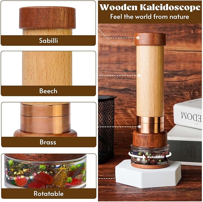 Growth Rings Wooden Kaleidoscope Tunnel Screen Effect,6.5" Handmade Brass Rotatable Oil-Filled Core Box Nature Kaleidoscope Kit,Vintage Gift Box,Anniversary Birthday Gift for Man Woman