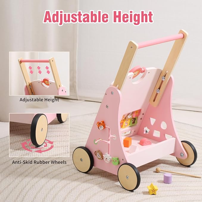 CUTE STONE Wooden Baby Walker, Montessori-Style Push Walker with Activity Center, Adjustable Height, Push Toys for Toddler Development, First Birthday Gift for Kids Pink
