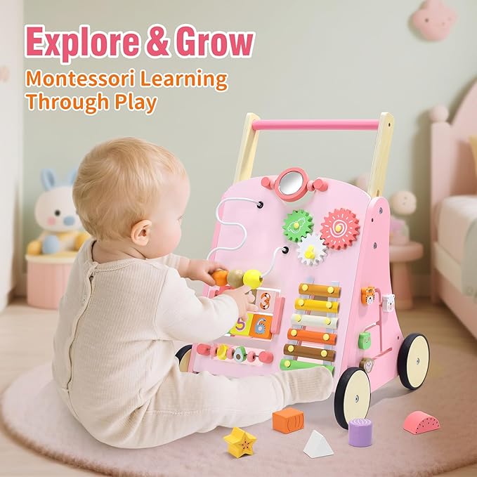 CUTE STONE Wooden Baby Walker, Montessori-Style Push Walker with Activity Center, Adjustable Height, Push Toys for Toddler Development, First Birthday Gift for Kids Pink