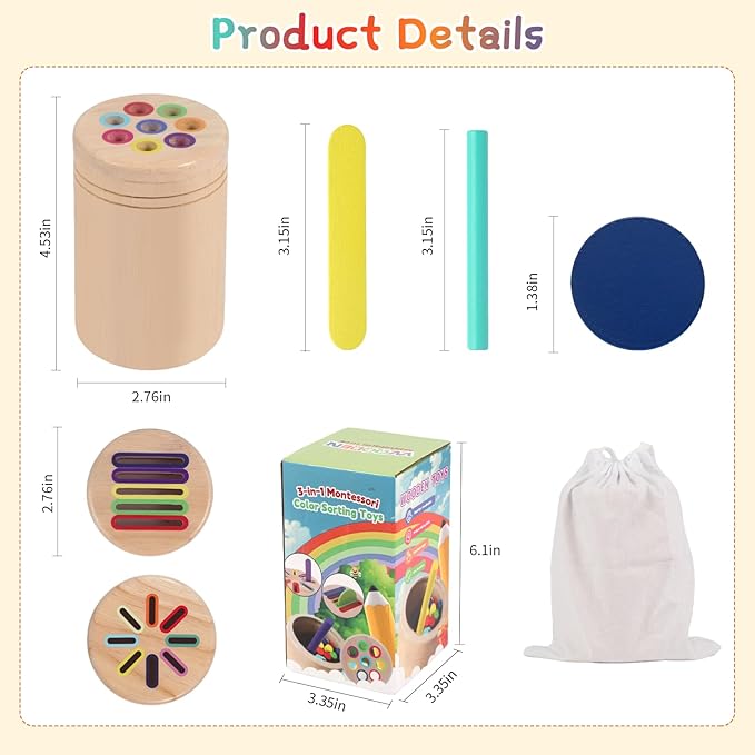 JOMBY Montessori Toys for Kids: 3 in 1 Sensory Learning Color Sorting Toys Wooden for 3 Year Old, Fine Motor Developmental Children Matching Games, Preschooler Learning Activities Boys Girls Gifts