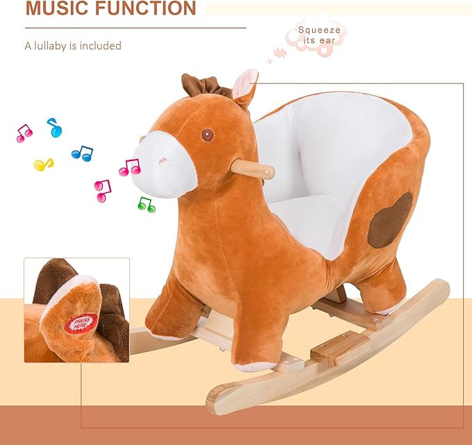 Qaba Kids Ride On Rocking Horse, Plush Animal Toy Sturdy Wooden Rocker with Songs for Boys or Girls