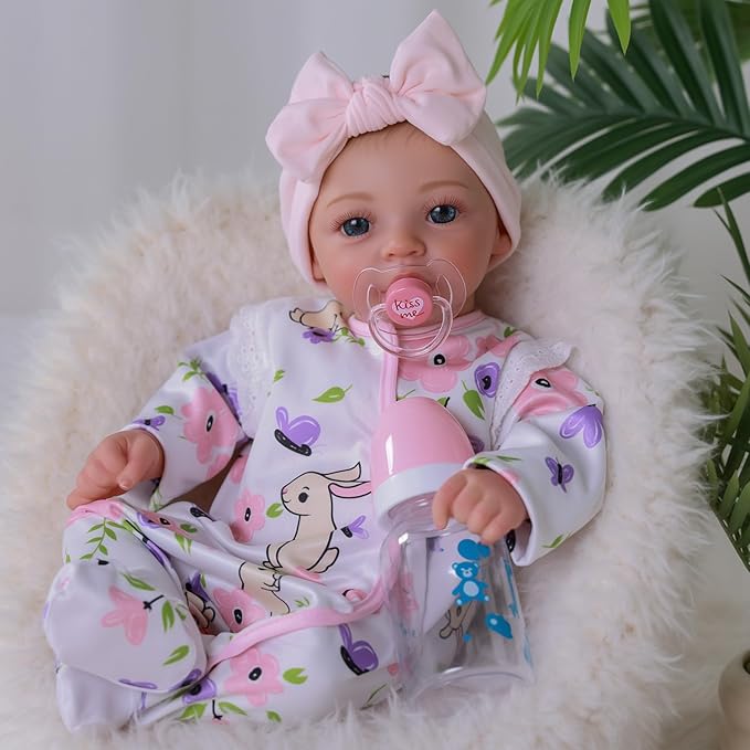 BABESIDE 18-Inch Reborn Baby Doll Girl – Realistic Lifelike Bebe Reborn de Silicona with Bunny Outfit, Magnetic Pacifier, Bottle, Diaper & Birth Certificate, Real Life Baby Dolls Gift for Kids