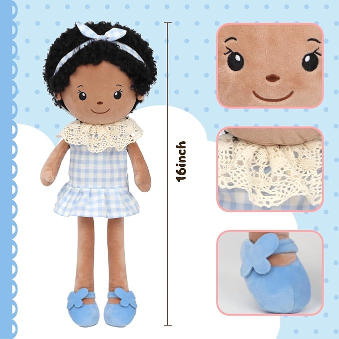 Soft Baby Doll Toys (16'') Baby Rag Doll for Girls Birthday Cuddly Plush Toys for Toddler Kids (Black)
