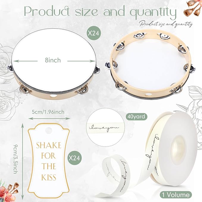 24 Set Tambourine for Adults Wooden Hand Held Drum with Metal Jingles, Gift Tags, White I Love You Printed Ribbon Percussion Gift Musical Instrument for Church Wedding Party Favor (8 Inch)