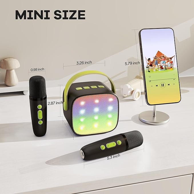 Mini Karaoke Machine with 2 Wireless Microphones, TOP Kids Gifts for Girls Ages 3, 4, 5, 6, 7, 8, 9,10,11,12 +Year Old, 4-12 Years Old Birthday Toy Gift for Girls Boys Party (Black Green)