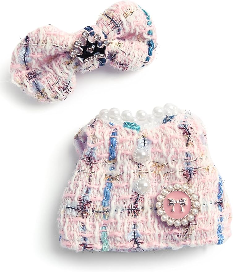 17cm Doll Clothes for Labubu - Luxury Chic Style Set for 17cm Dolls Outfit - Accessories for Dolls Clothes -Pink Plaid Tweed Dress + Pink Bow (No Doll)