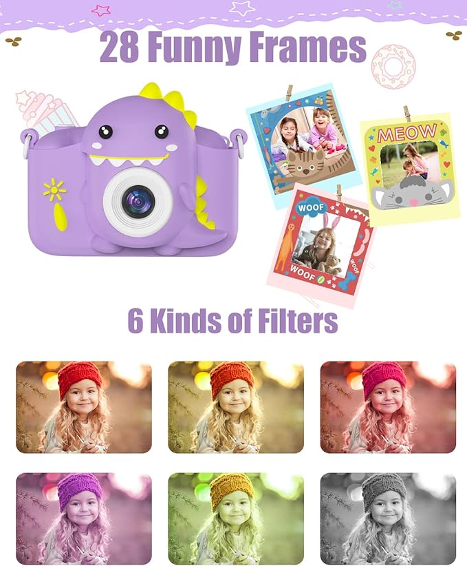 Hangrui Dinosaur Kids Camera Toys, Birthday Graduation Gifts for Girls Boys 3-12, 1080P HD Selfie Digital Video Camera for Toddlers,Travel Gifts Dino Toys for 4 5 6 7 8 9 Years Old(Purple)