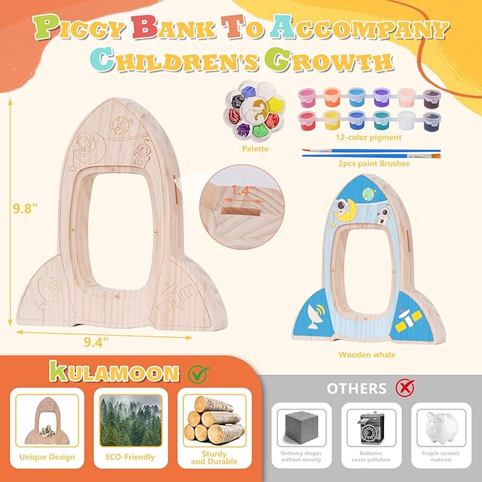 Wooden Piggy Bank for Kids, DIY Night Light Personalized Money Bank for Boys, Girls, Unbreakable Saving Box with Paintbrush and 12 Paints, Coin Jar Gifts for Kids Birthday Decor (Rocket)