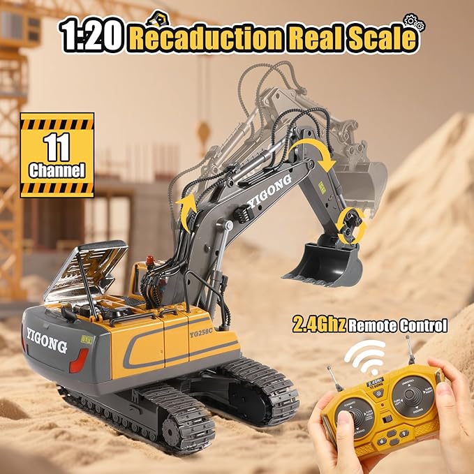 LUDILO Remote Control Excavator Toys for Ages 5-7, 11CH 2400mAh 2.4GHz RC Cars Construction Toy Truck Digger Metal Shovel Sound Light, Kids Boys Toys Age 4-6-8 Birthday Gifts for 5 6 7 8 Year Old Boys
