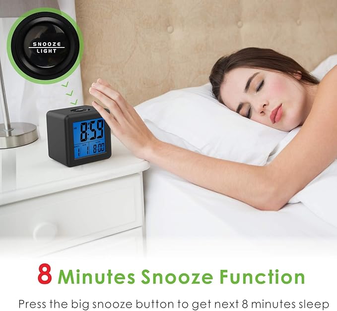 Plumeet Digital Alarm Clock Kids Alarm Clock with Snooze and Nightlight - Easy Setting Silicone Clock Display Time, Date - Loud Alarm Clock for Bedroom - Battery Powered (Black)