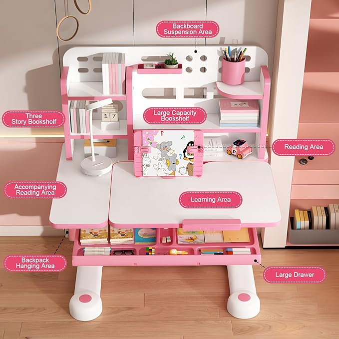2025 NEW Kid's Study Desk and Chair Set, Ergonomic Height Adjustable Children Study Desk with Tilt Desktop, Book Stand, Light, Metal Hook and Storage Drawer,Gift for Boys Girls (Pink 119cm lean)