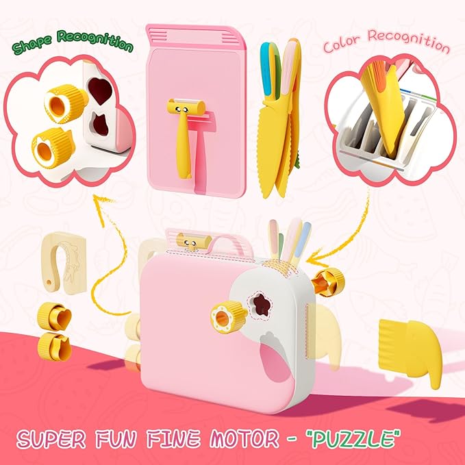 Montessori Kitchen Tools for Toddlers,Kids Knife for Real Cooking,Toddlers Knife Set with Storage Box Kids Safe Knives Children Cutting Set and Peeler,Montessori Toys for Kitchen Set -Pink