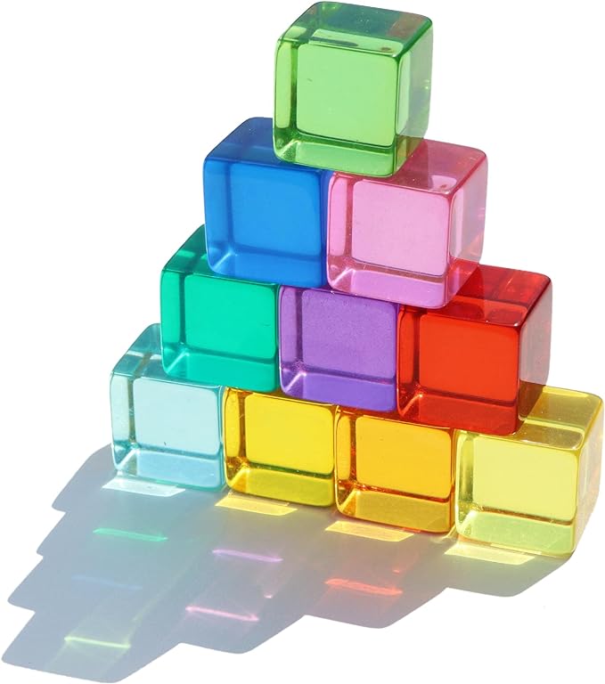 Candywood Rainbow Acrylic Gem Cubes Blocks Children Educational Sensory Training Crystal Toys Baby Learn Color Light Shadow Stacking Toys (10-Pcs)