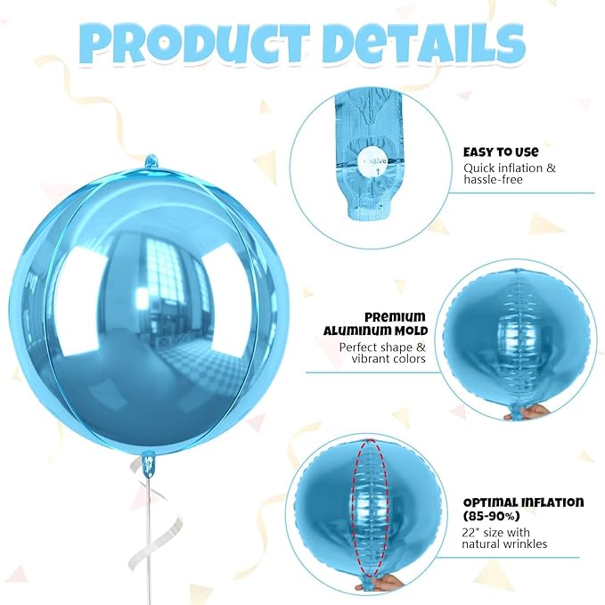 Blue Giant 4D Foil Balloons, Saxuxu 6Pcs Large Metallic Blue Round Balloons, 22 Inch Big Round Foil Balloon for Blue Sea Birthday Party Baby Shower Wedding Decorations