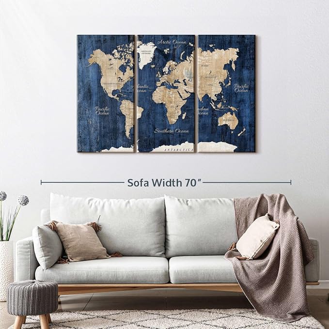 ElephantStock Aged Blue World Map II Canvas - 3 Panel Wall Decor - World Map Digital Art - Blue Wall Art - 50" X 32"