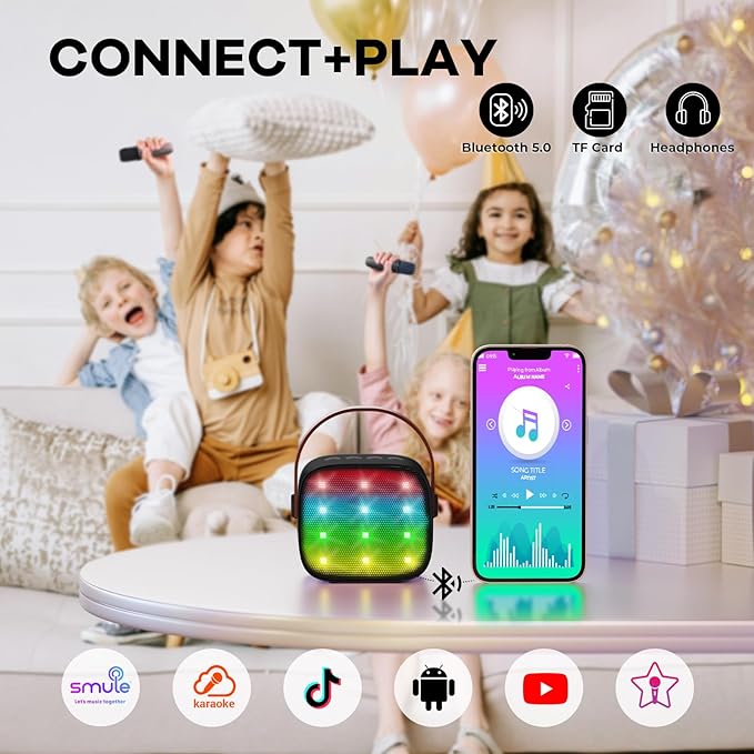 Mini Karaoke Machine with 2 Wireless Microphones for Kids Adults, Portable Bluetooth Speaker, Popular Gift for 3, 4, 5, 6, 7, 8, 9, 10, 11, 12, 13+ Years Old Teens Birthday for Boys Home(Black)