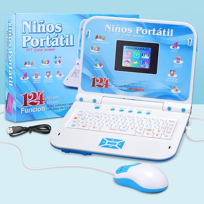 Educational and Bilingual Laptop Spanish/English, Color Screen Learning Laptop with 124 Learning Modes, Computer for Kids Ages 5+