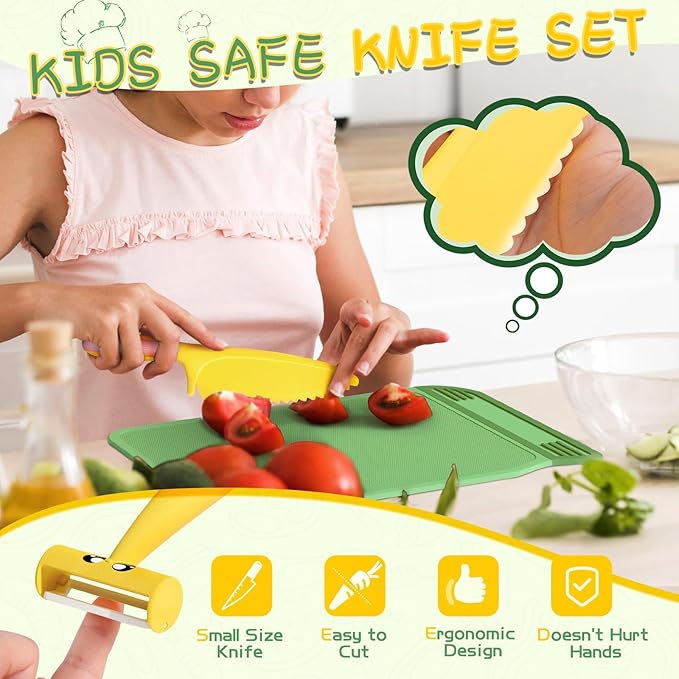 Montessori Kitchen Tools for Toddlers,Kids Knife for Real Cooking,Toddlers Knife Set with Storage Box Kids Safe Knives Children Cutting Set for Girl Boy,Montessori Toys for Kitchen Set -Green