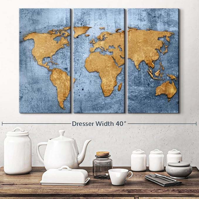 ElephantStock Azure World Map Wall Art Multi Piece Canvas - 3 Panel Wall Decor - Map of the World Art - Canvas for the Office and Home - 33" X 20"