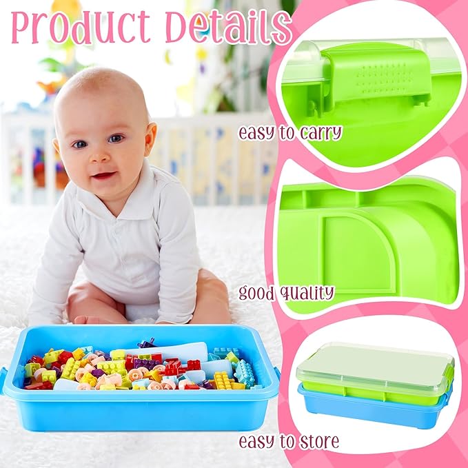 2 Pcs Sensory Bins Sand Tray with Lid, 15in Stackable Leak-Proof Plastic Sensory Tray for Sand & Water Play, Portable Bin for Kids 3 4 5 6, Easy Clean, Indoor Outdoor(Blue, Green)