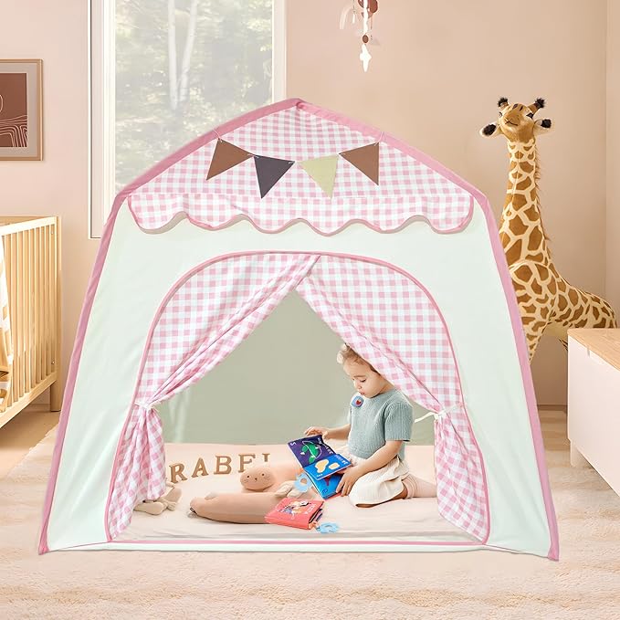 Toddler Bed Tent, Kids Play Tent with Flags, Star String, Portable Bed Canopy for Boys & Girls, Children, Indoor Outdoor Dome Playhouse, Pink Plaid, 51" x 39" x 51"
