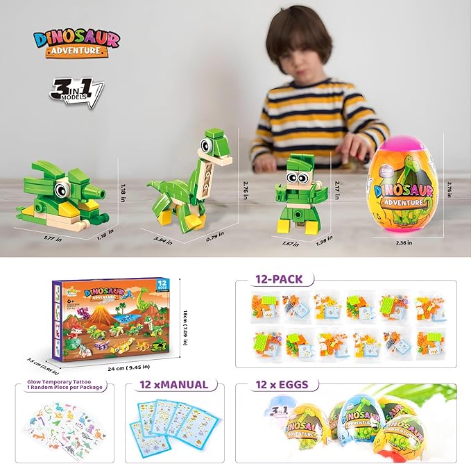 Dinosaur Party Favors for Kids – 12 Dino Figures in Prefilled Eggs, 3-in-1 Building Block Toy Set with Glow Tattoos, Christmas & Birthday Gift, Goodie Bag Filler, Stocking Stuffer, Boys & Girls 6+