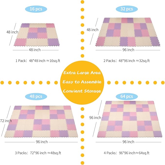 Foam Play Mat for Baby, 0.4 Inch Thicked Interlocking Floor Mats with Solid Colors, Soft Non-Toxic Squares Baby Play Mat, EVA Foam Puzzle Floor Mat for Toddler, 16 Tiles(Pink/Beige/Purple)