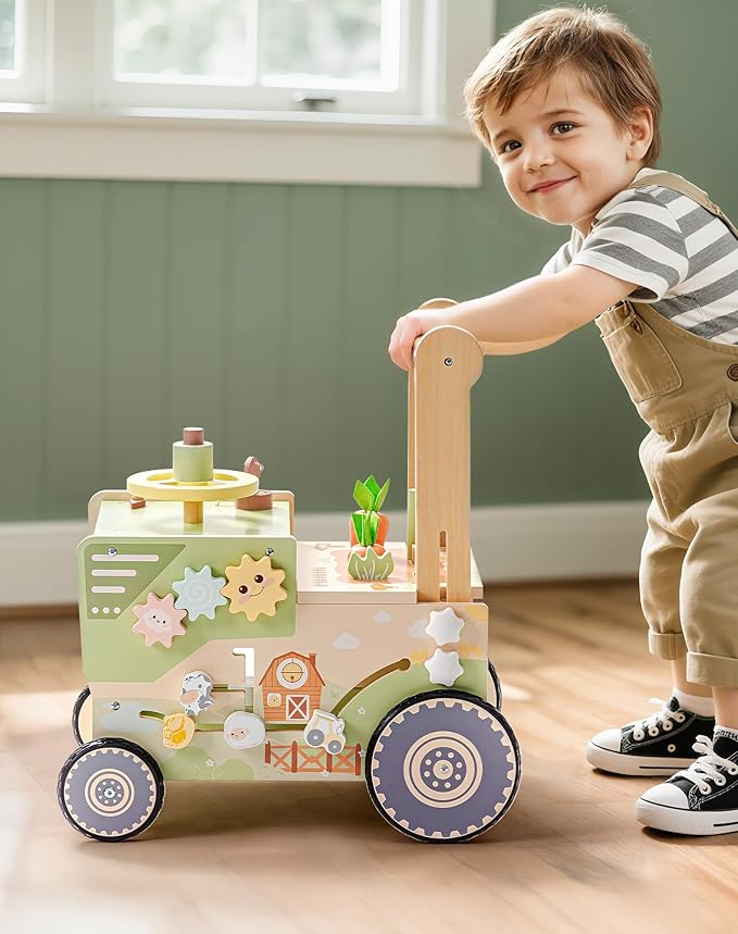 ROBOTIME Wooden Baby Walker Push Toy for Toddlers, Baby Push Walker with Wheels, Farm-Themed Activity Center for Girls & Boys, Adjustable Speed Walker for Baby Learning to Walk