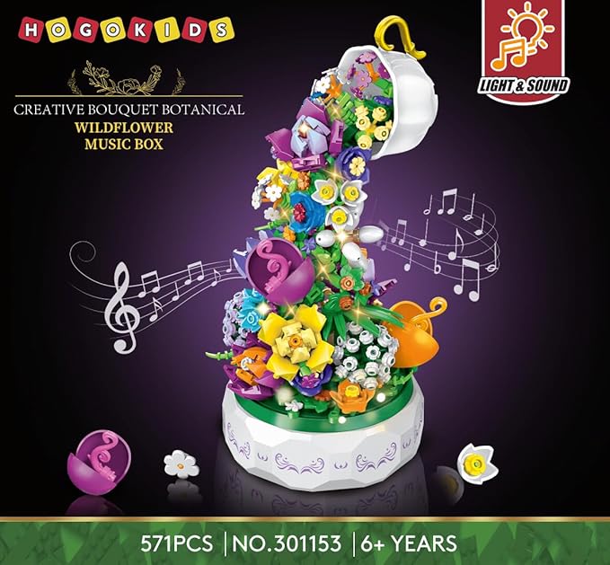 HOGOKIDS Flowers Music Box Building Block Kit with Light- 571PCS Mother's Day Decoration Rotating Music Box Building Blocks Set | Botanical Collection Birthday Gift for Girls Boys Adults Kids Ages 6+