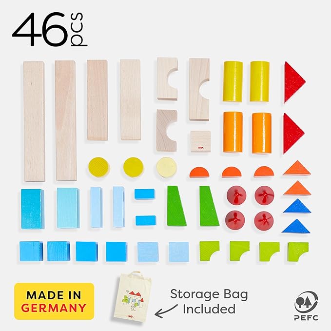 HABA Colored Wooden Building Blocks - 46 Piece Set of Wooden Toys, Stacking Toys for Toddlers 1-3 for Open Ended STEM Play, Made in Germany