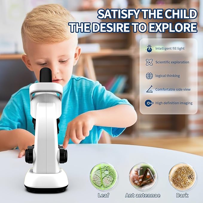 Microscope for Kids Scientific Experiment Kit 40X-1600X Magnification LED Light Educational STEM with Slides and Lab Tools Ages 6-12 (White)