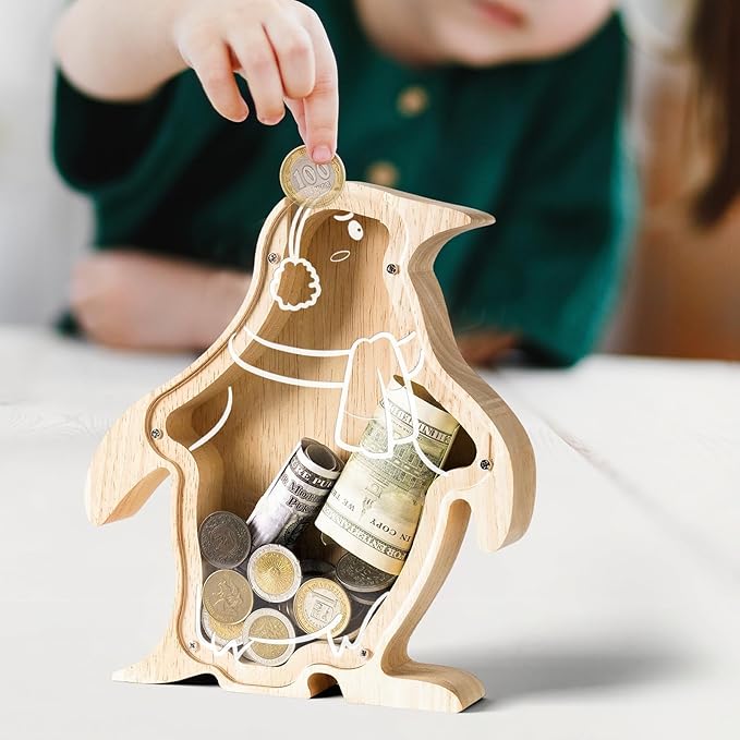 Wooden Penguin Piggy Banks for Kids Money Coin Bank, Cute Unbreakable Piggy Bank DIY Personalized Kids Safe Money Box with Stickers, Toddler Birthday Baptism Gifts for Girls Boys Penguin Lovers