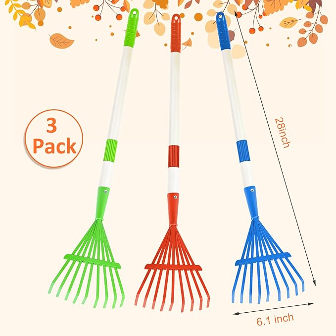 3PCS Kids Rakes for Leaves, 28" Child Size Garden Rake Childrens Yard Lawn Rakes Toddler Leaf Rake with Detachable Hardwood Handle Metal Head Great Garden Tools for Boy Girl, Blue Red Green