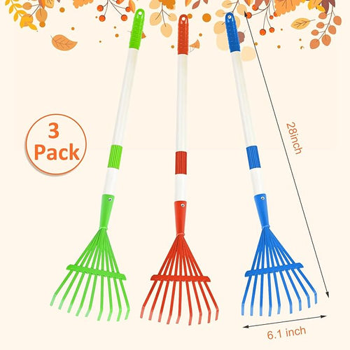 3PCS Kids Rakes for Leaves, 28" Child Size Garden Rake Childrens Yard Lawn Rakes Toddler Leaf Rake with Detachable Hardwood Handle Metal Head Great Garden Tools for Boy Girl, Blue Red Green