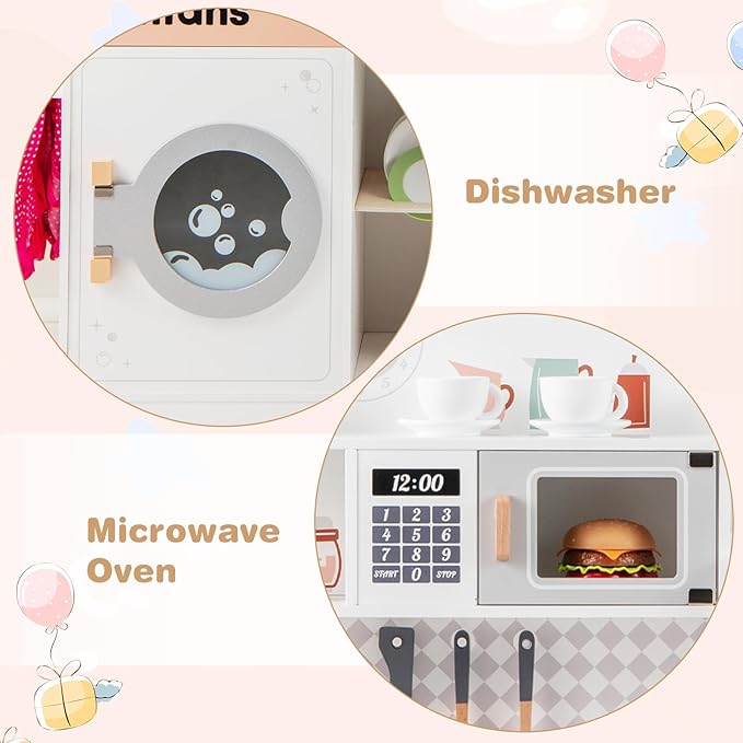 INFANS Kids Kitchen Playset, Toddler Wooden Kitchen Pretend Cooking Toy Set with Coffee Maker Ice Machine Dishwasher Microwave Storage Cabinet, Simulation Play Kitchen for Boys Girls 3+ (White)