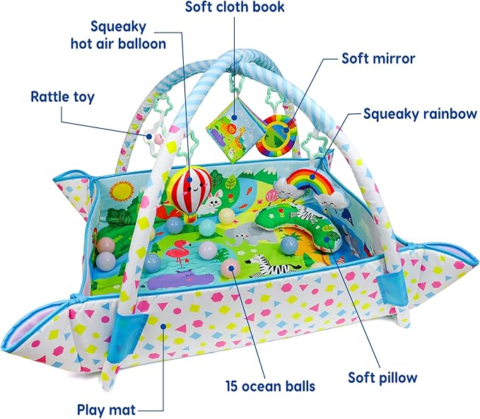 Dr.Rapeti Baby Play Gym Mat Animal Planet with Ball Pit Activity Gym Center Tummy Time Mat Thickened Mat Sensory Exploration Motor Skill Development for Newborn Infant Baby Toddler for 0+