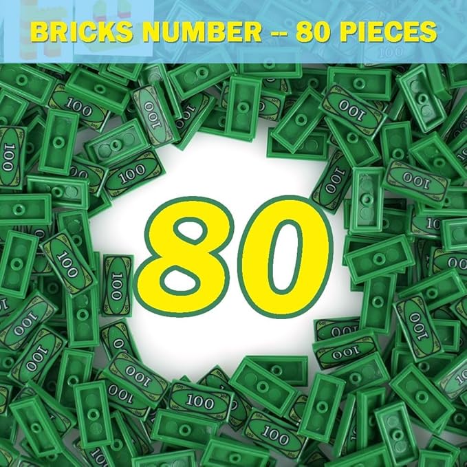 MALEKO Money Tiles Bank Bill Accessories, 80 Pieces 100-Dollar Green 1x2 Tiles, Bulk Building Toy Parts, Compatible with All Major Brands